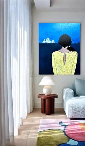 Original Acrylic Painting – Woman in Yellow Dress by the Sea