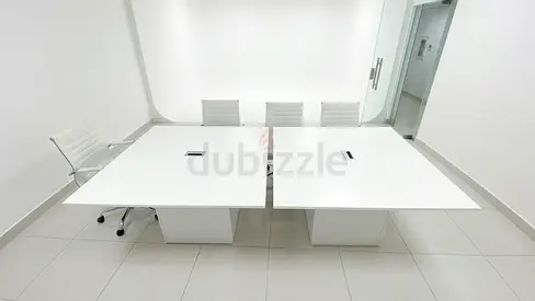 White double workstation desk set with 6 Chairs - good condition