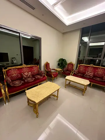 Classic Red and Gold Living Room Sofa Set with Coffee Tables