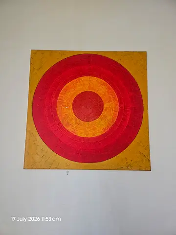 Abstract concentric circle wall art painting - red and yellow square canvas 1x1m