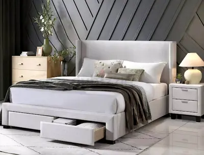 Upholstered Storage Bed with Headboard and Under-bed Drawers - Light Grey