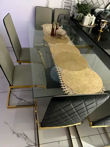 Luxury Glass Dining Table with Gold Frame and 6 Chairs - Modern Set
