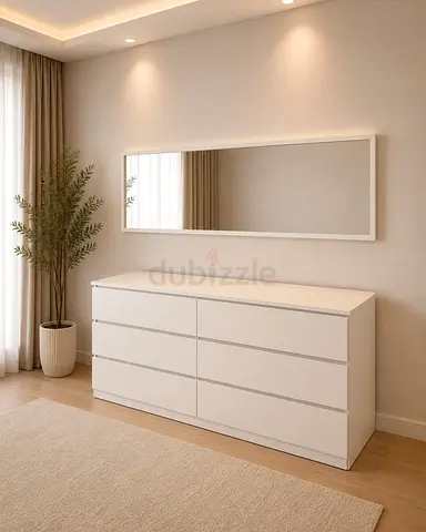 Modern White 6-Drawer Dresser with Matching Mirror