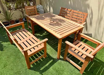 Solid Wood Outdoor Dining Set - Table, 2 Armchairs and Bench (Good Condition)