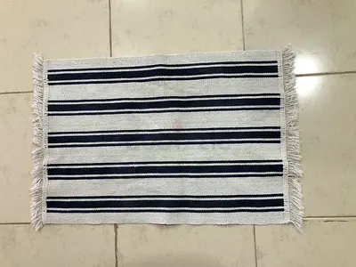 Handwoven striped small rug / doormat - navy and white