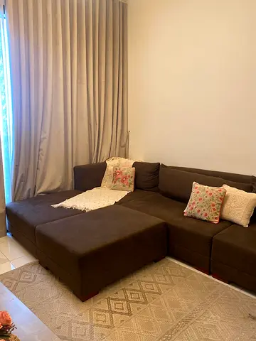 Brown L-shaped Fabric Sofa with Ottoman - Good Condition