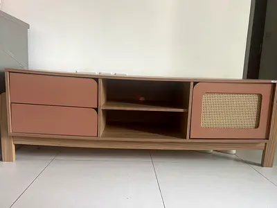 Wooden TV Cabinet with Drawers and Woven Door - Light Oak