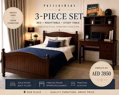 Pottery Barn 3-Piece Solid Wood Bedroom Set — Bed, Nightstand Study Table (Good)