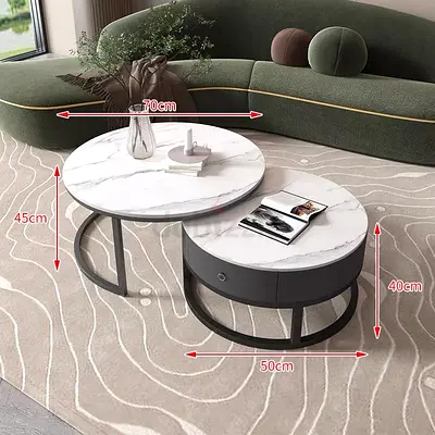 Set of 2 Round Nesting Coffee Tables with Faux Marble Tops