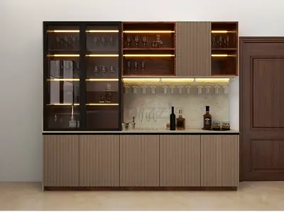 Contemporary Wall-mounted Home Bar Cabinet with Glass Display  LED Lighting