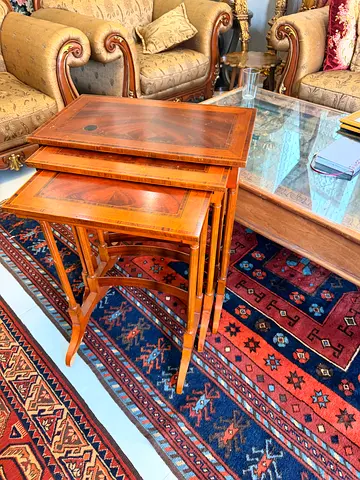 Set of 3 Vintage Wooden Nesting Tables - Inlaid Top, Good Condition