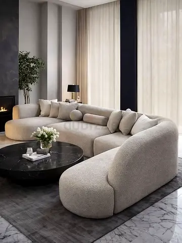 Large Curved Modular Sofa - Light Grey Bouclé, Modern Design