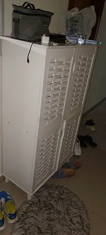 White Tall Storage Cabinet with Louvered Doors - Good Condition