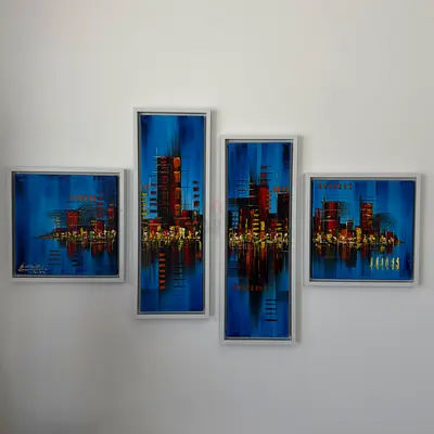 Set of 4 Modern Cityscape Framed Paintings - Blue Palette