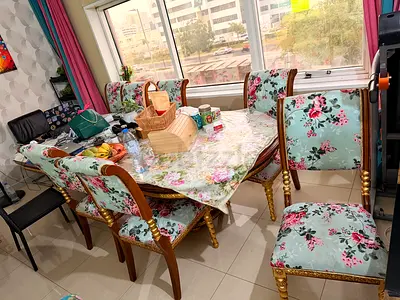 Luxury Wooden Dining Table with 10 Upholstered Chairs - Classic Floral Design