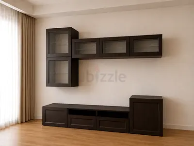 Modern Dark Wood Entertainment Center and Wall Unit Set