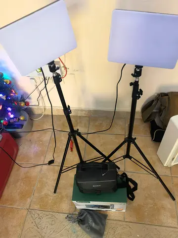 Two LED Panel Video Lights with Adjustable Stands and Carry Bag