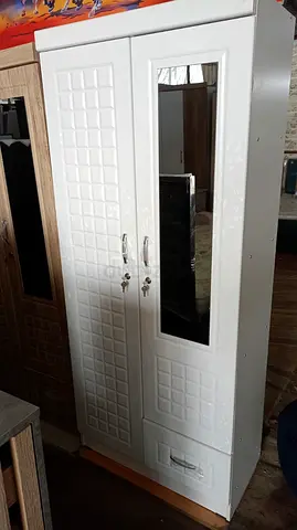 White 2-Door Wardrobe with Mirror and Bottom Drawer