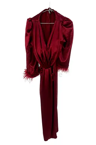 Burgundy Satin Evening Dress with Feather Cuffs - Size XL  : price negotiable
