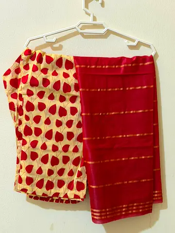 Red and Cream Cotton Saree with Leaf Print Blouse - Good Condition