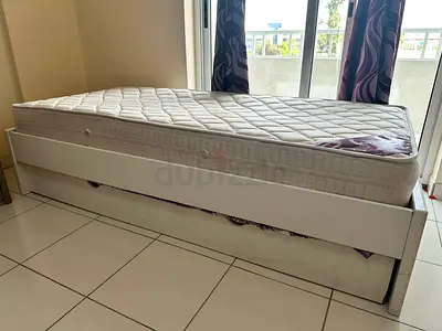 Single bed with trundle storage and mattress - white wooden frame