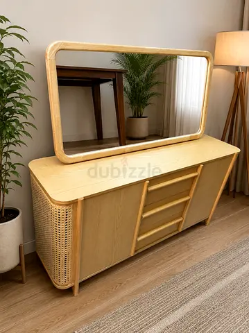 Modern Wooden Dresser with Mirror and Rattan Details