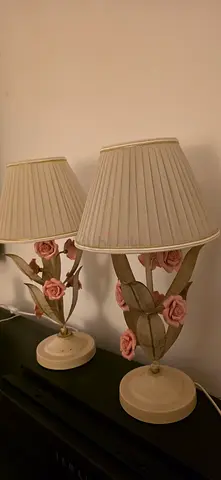 Pair of vintage floral table lamps with pleated shades including 💡 bulb