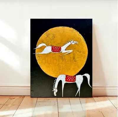 Original Acrylic Painting of Two White Horses with Gold Moon