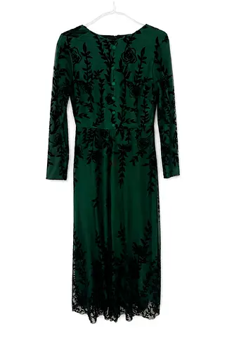Emerald Green Long Sleeve Midi Dress with Black Floral Velvet Appliqué