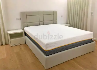 Modern upholstered bed frame with mattress and bedside tables - Cream, Queen/King