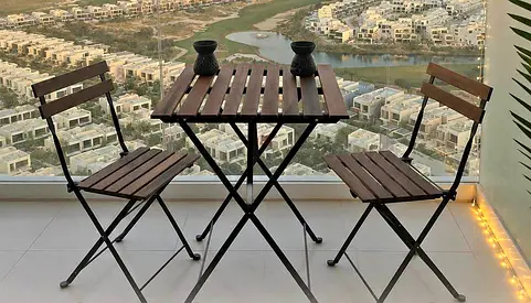 Out Door Small folding bistro table and 2 chairs set — wood slat design