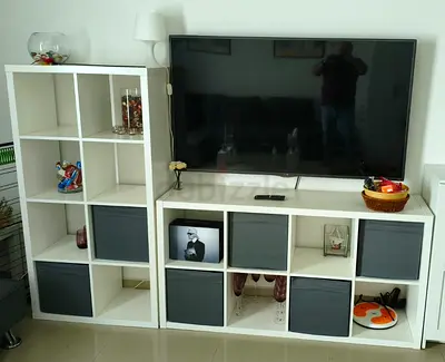 White modular cube shelving units (IKEA-style) - set of 2 with storage boxes