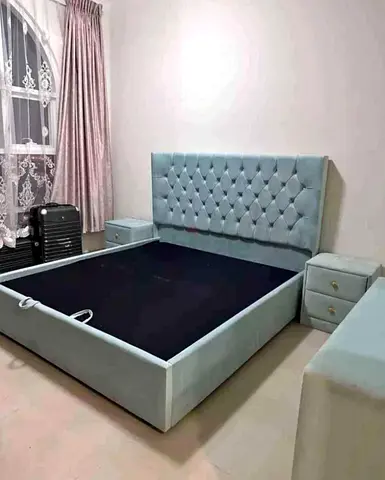 Light Blue Upholstered King Bed Frame with Tufted Headboard and Matching Cabinet