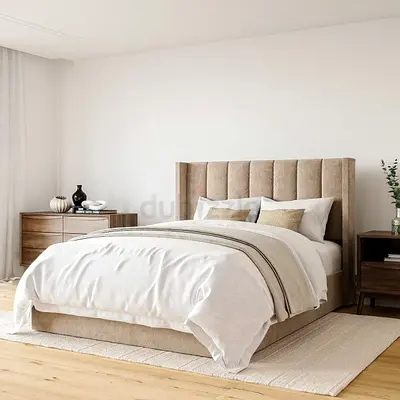 Modern Upholstered Bed Frame with Winged Headboard