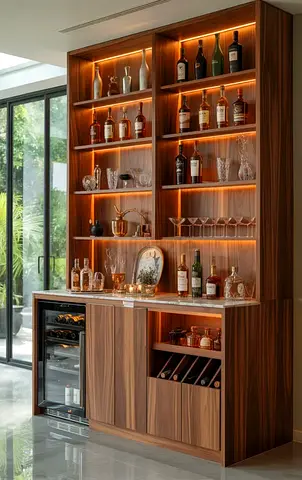 Wooden Home Bar Cabinet with Wine Rack and LED Shelves