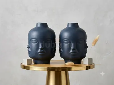 Decorative Ceramic Face Vases - Pair (Matte Navy)