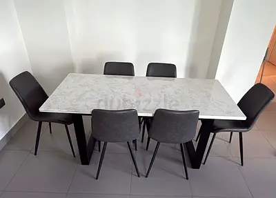 6-Seater Marble Top Dining Table with Grey Faux Leather Chairs