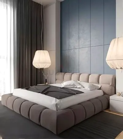 Low-profile upholstered platform bed with padded headboard (queen/king)