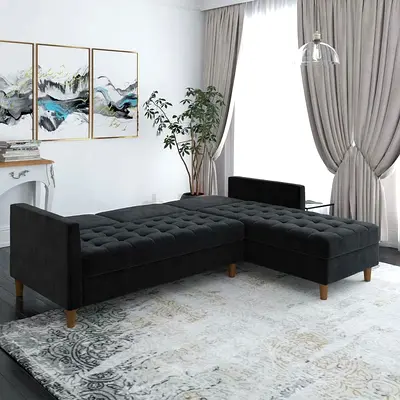 L-shaped tufted velvet sofa bed with wooden legs - dark grey