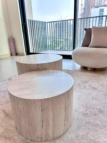 Pair of Round Marble-Effect Coffee Tables - Light Travertine Finish