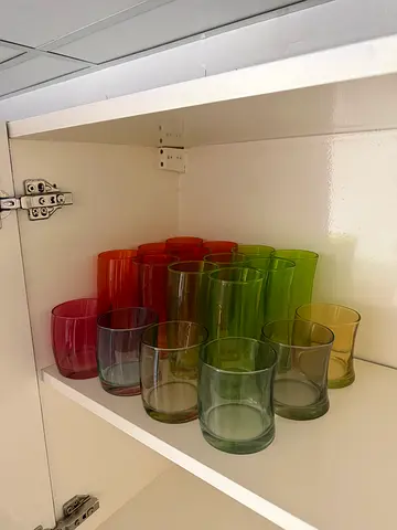 Set of 12 Colored Glass Tealight Holders / Votive Cups.