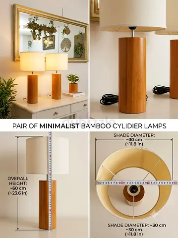 Pair of Minimalist Bamboo Cylinder Table Lamps (60 cm)