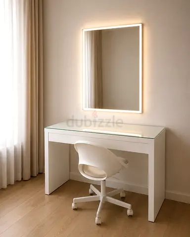 Modern White Dressing Table with LED Mirror and Chair