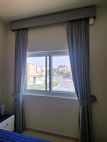 Grey fabric curtains with pelmet and tiebacks - ready to install