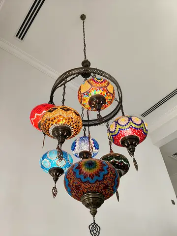 Handmade Turkish Mosaic Multi-Color Pendant Chandelier - 7 Globe