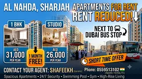 1 MONTH FREE NEAR DUBAI ACCESS 29K BY 1 CHEQUE , 31K BY 6 CHEQUES DIFFERENT LAYOUTS AVAILABLE.