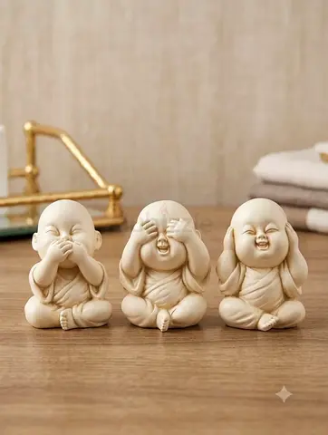 Set of 3 Small Laughing Monk Statues – Hear/Speak/See No Evil Ceramic Figurines