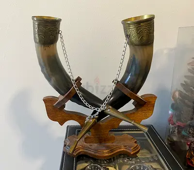 Georgian traditional Drinking Horn with wooden stand