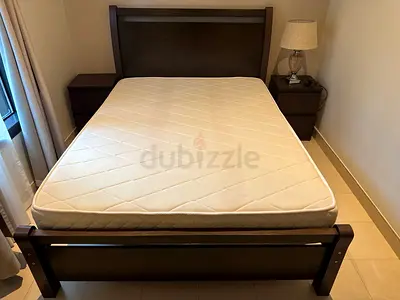 Wooden Single Bed Frame with Mattress and Nightstands