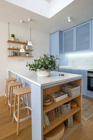 Modern kitchen island with open shelving